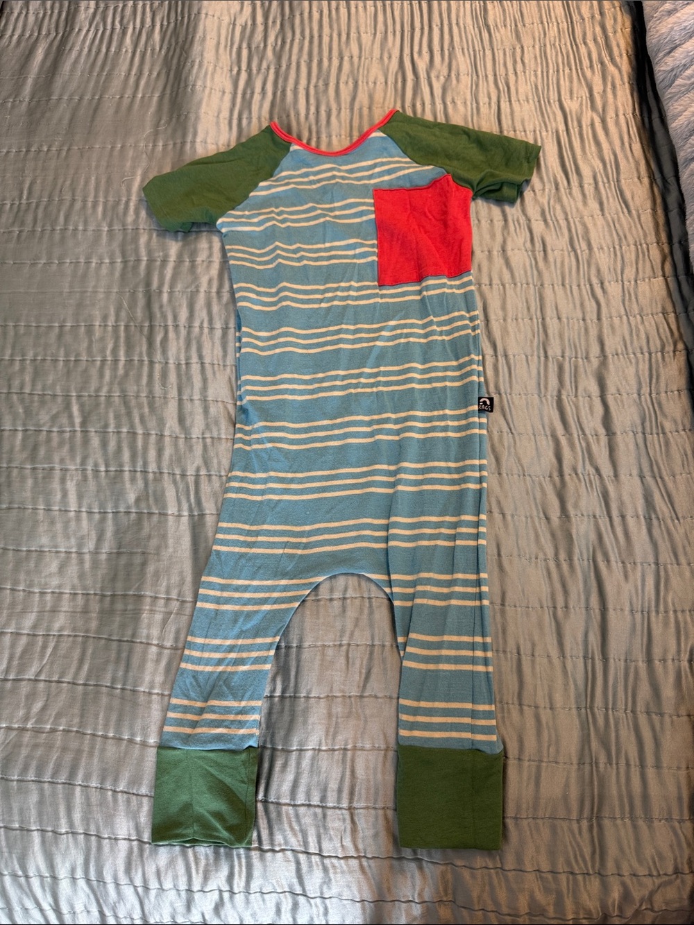 Rags to Raches Blue-White Striped One-Piece with Green Sleeves and Red Pocket
